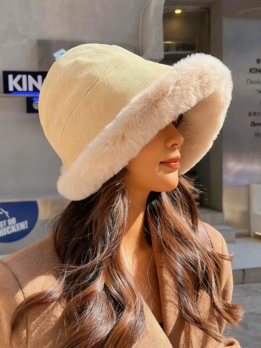 Thickened Fleece-lined Warm Fisherman's Hat For Autumn And Winter Lamb Fleece-lined Bucket Hat, Winter Fleece-lined Rolled Brim Hat