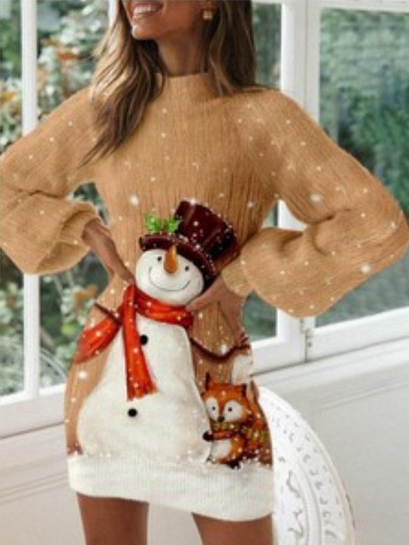 Women Christmas Snowman Balloon Sleeve Spring/Fall Printing Dress Crew Neck Long Sleeve Hip Skirt A-Line Dress