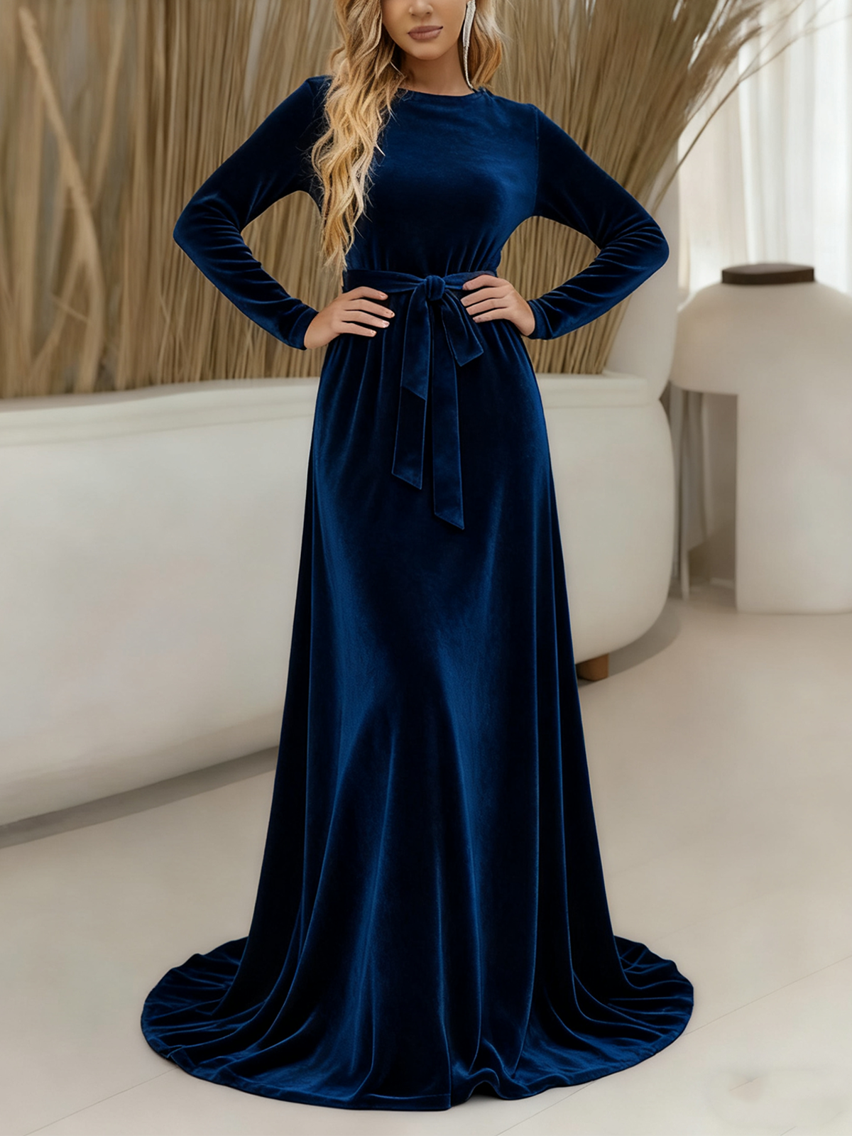 Women Plain Summer Dress Crew Neck Long Sleeve A-Line Dress