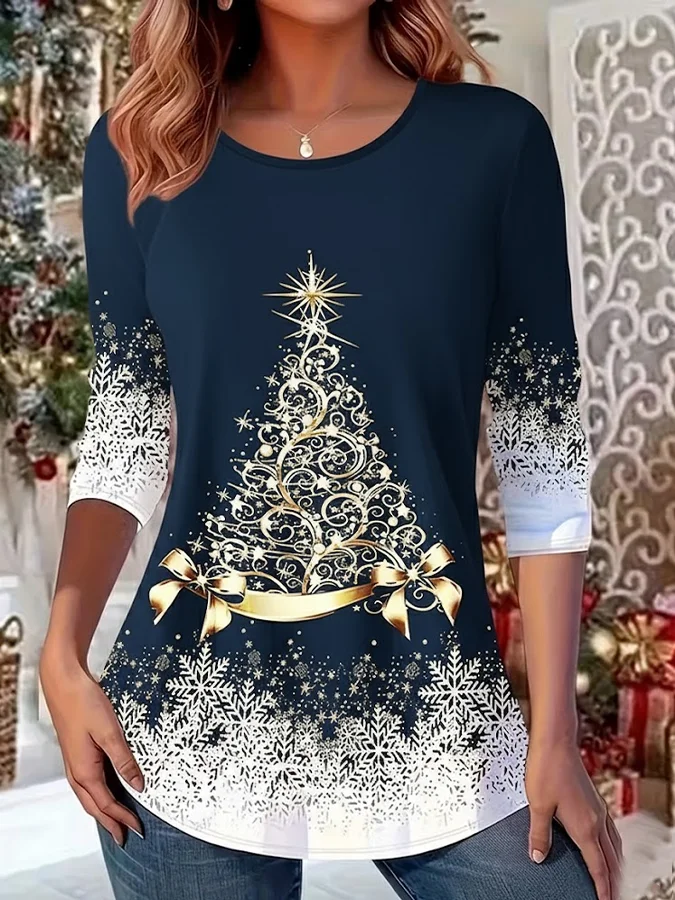 Casual Christmas Crew Neck Long Sleeve T-shirt