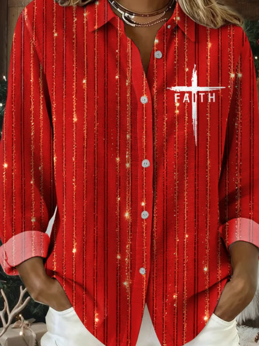 Shirt Collar Long Sleeve Christmas Regular Loose Shirt For Women