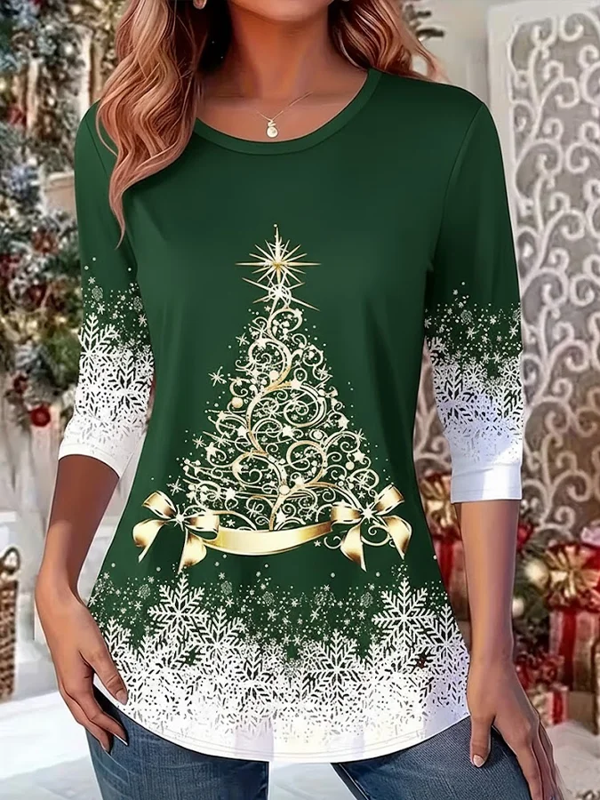 Casual Christmas Crew Neck Long Sleeve T-shirt