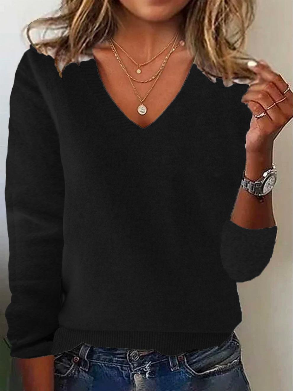 Women Wool-Blend Plain Long Sleeve Comfy Vintage Sweater