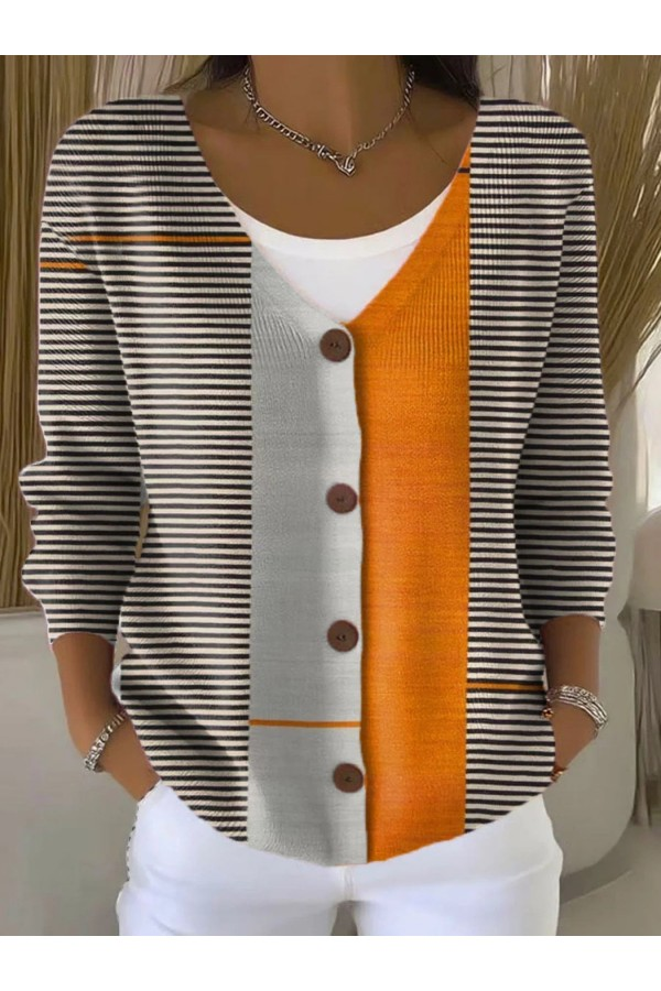 Women Striped Long Sleeve Comfy Vintage Cardigan