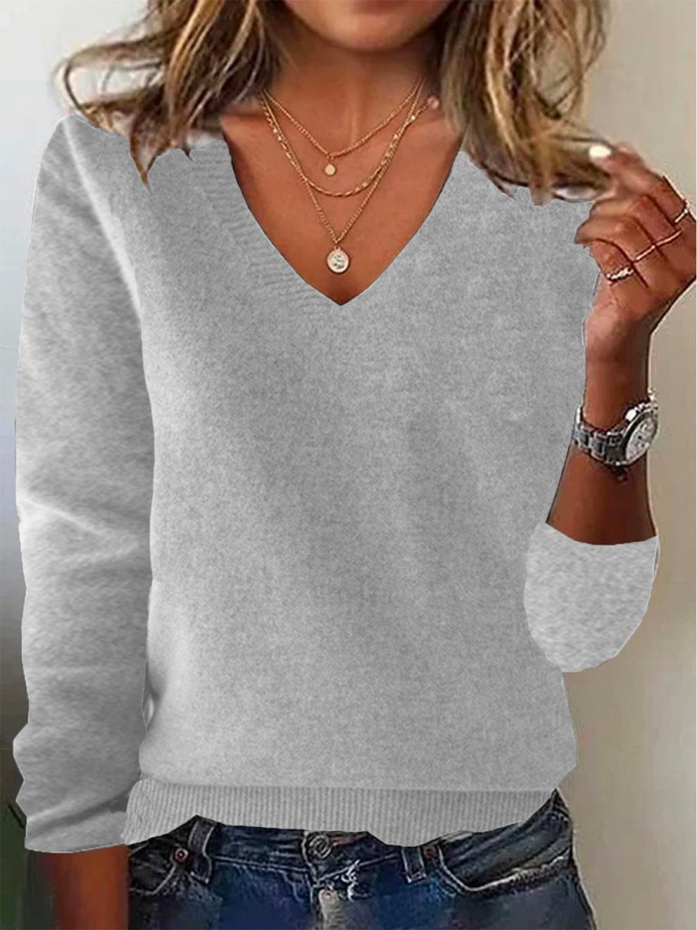Women Wool-Blend Plain Long Sleeve Comfy Vintage Sweater