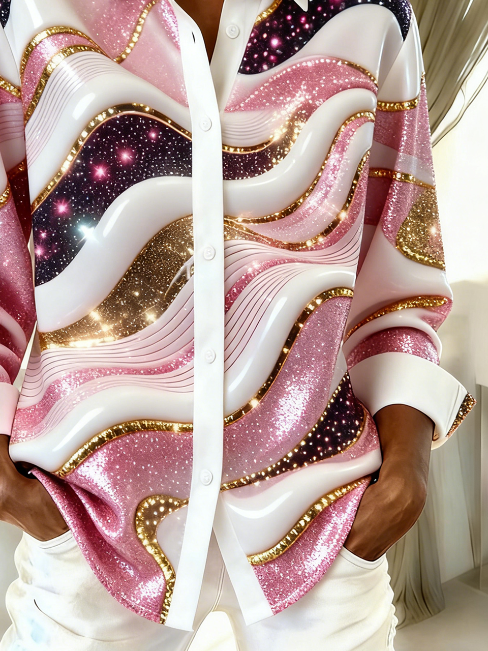 Shirt Collar Long Sleeve Geometric Regular Loose Shirt For Women