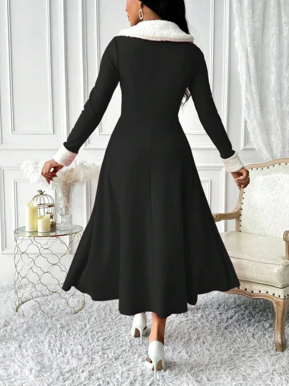 Women Plain Spring/Fall Split Joint Dress V Neck Long Sleeve Tank A-Line Dress