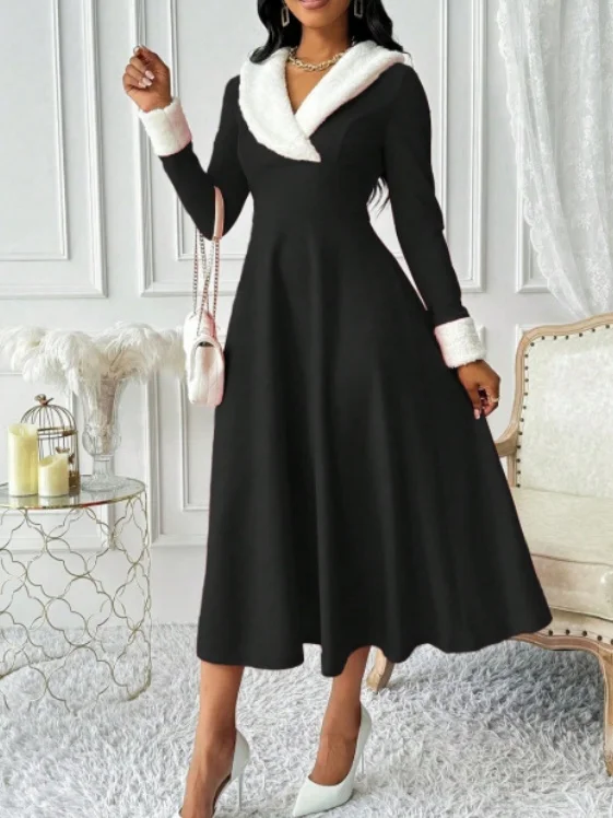 Women Plain Spring/Fall Split Joint Dress V Neck Long Sleeve Tank A-Line Dress