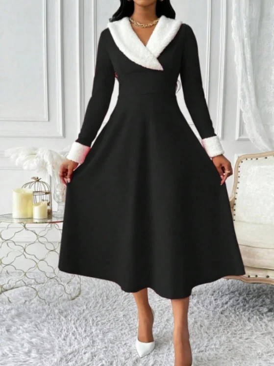 Women Plain Spring/Fall Split Joint Dress V Neck Long Sleeve Tank A-Line Dress