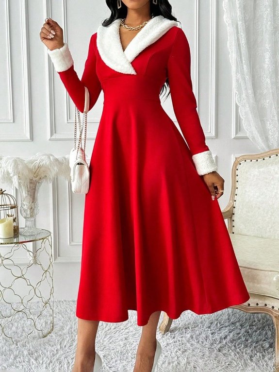 Women Plain Spring/Fall Split Joint Dress V Neck Long Sleeve Tank A-Line Dress