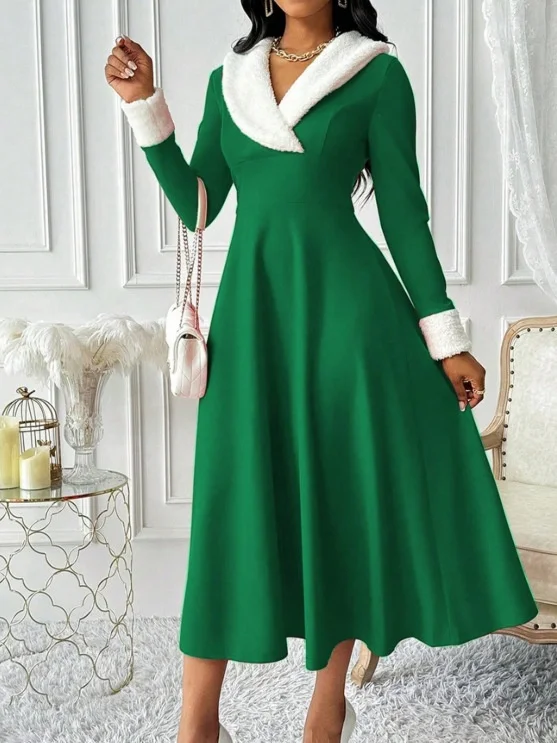 Women Plain Spring/Fall Split Joint Dress V Neck Long Sleeve Tank A-Line Dress
