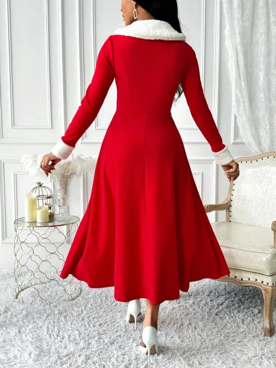 Women Plain Spring/Fall Split Joint Dress V Neck Long Sleeve Tank A-Line Dress