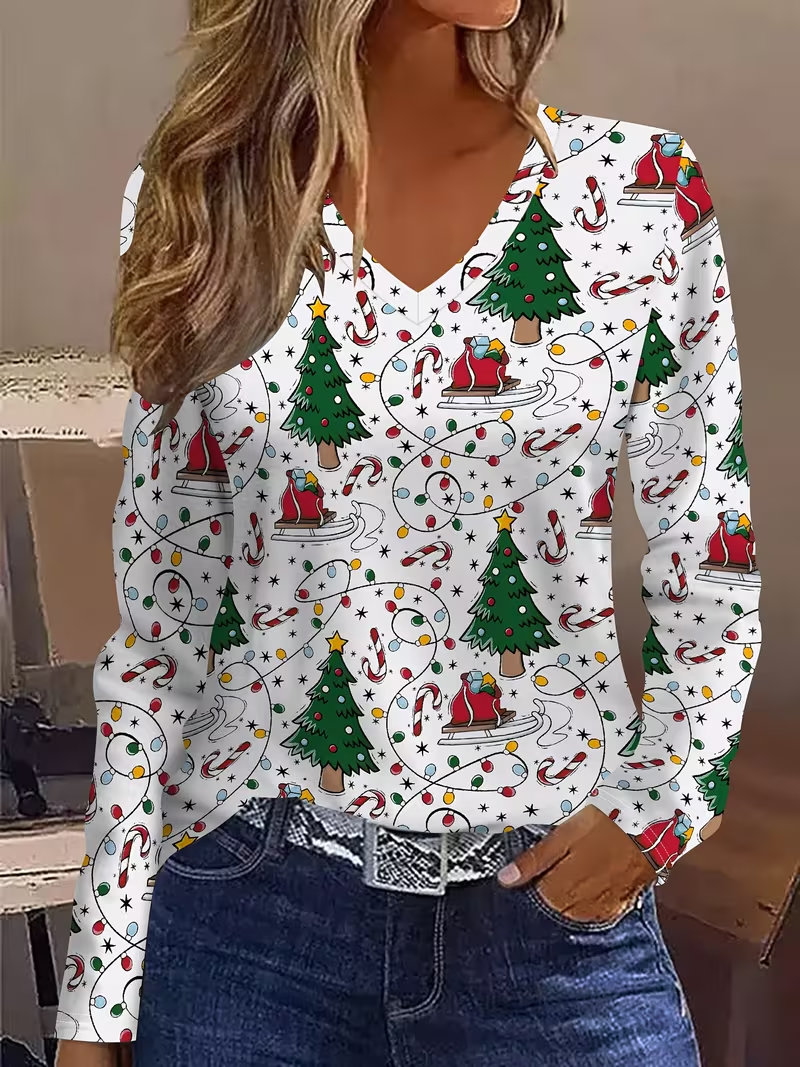 Casual Christmas V Neck Long Sleeve T-shirt