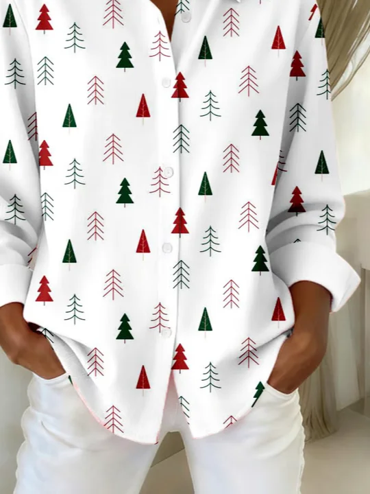Shirt Collar Regular Sleeve Long Sleeve Christmas Buckle Regular Loose Button Up Shirt Shirt For Women