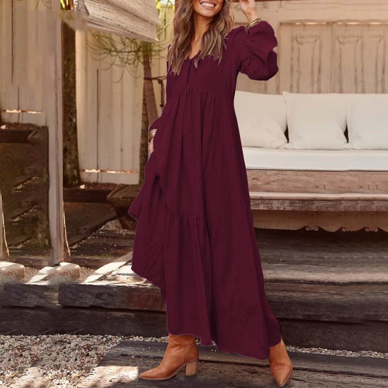 Women Plain Spring/Fall Dress V Neck Long Sleeve A-Line Dress
