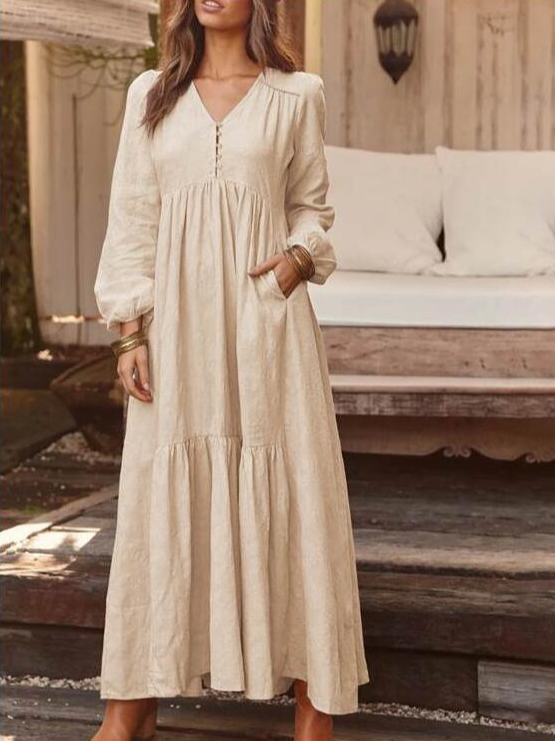 Women Plain Spring/Fall Dress V Neck Long Sleeve A-Line Dress