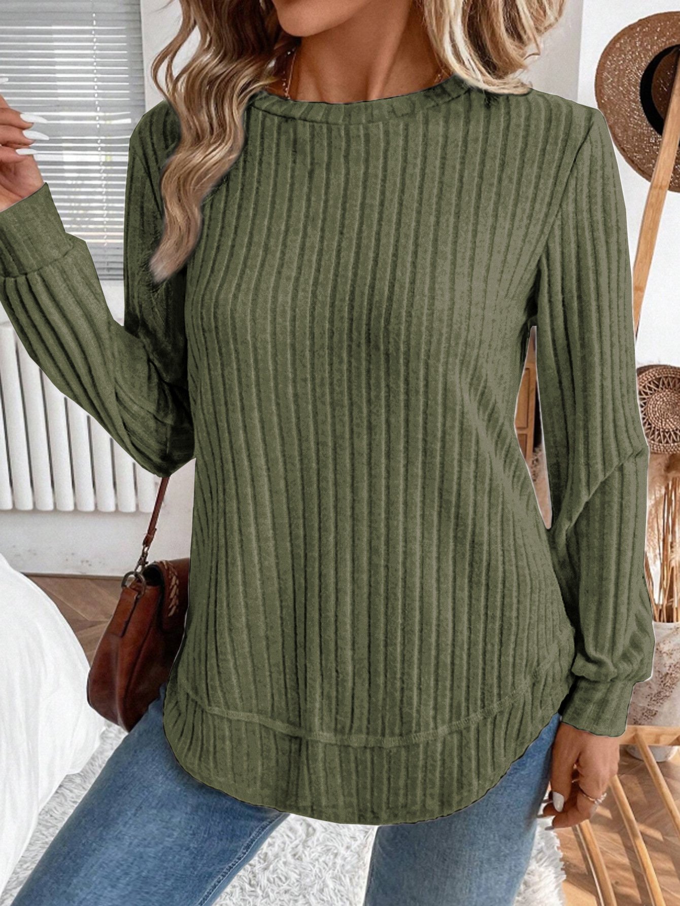 Plain Crew Neck Jersey Casual Knit Top