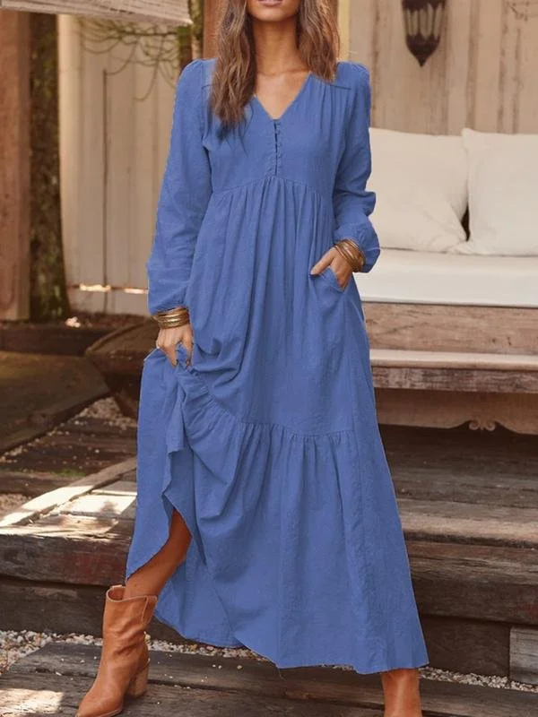 Women Plain Spring/Fall Dress V Neck Long Sleeve A-Line Dress