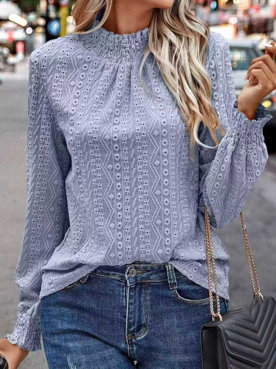 Elegant Plain Stand Collar Long Sleeve T-shirt