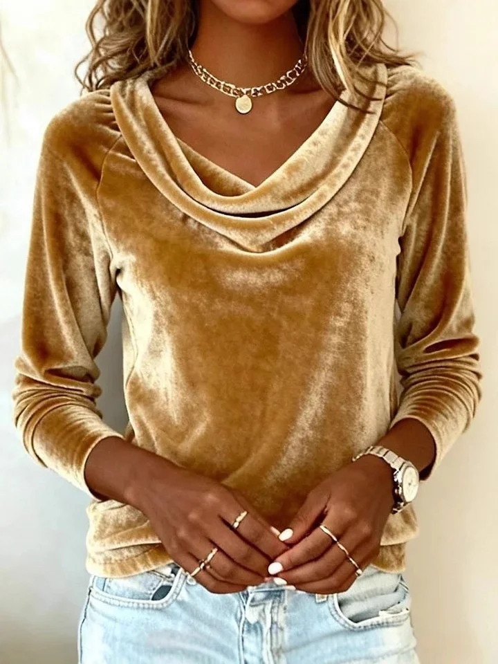 Vintage Plain Cowl Neck Long Sleeve T-shirt