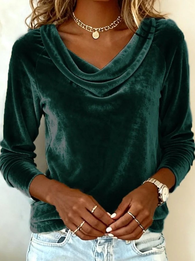 Vintage Plain Cowl Neck Long Sleeve T-shirt