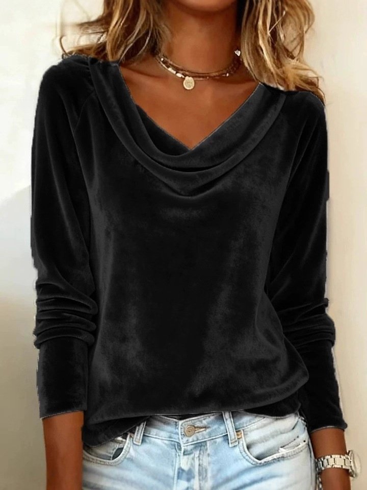 Vintage Plain Cowl Neck Long Sleeve T-shirt