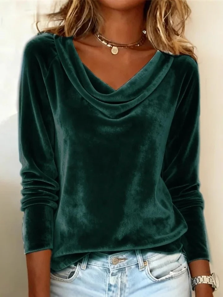 Vintage Plain Cowl Neck Long Sleeve T-shirt