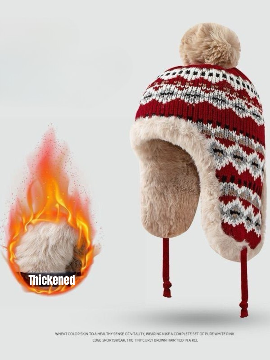 Winter Knitted Thickened Fleece-lined Neck Protector Warm Jacquard Pattern Versatile Casual Ear-covering Hat