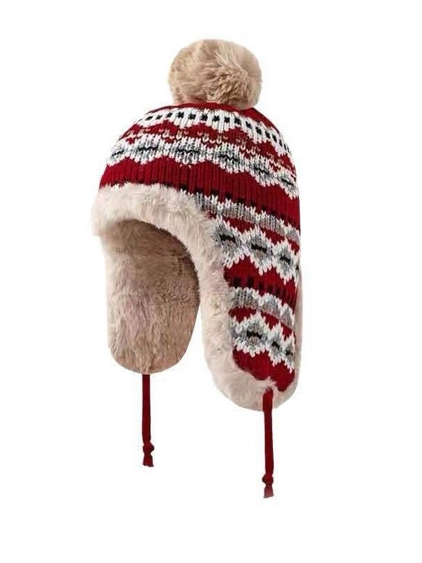 Winter Knitted Thickened Fleece-lined Neck Protector Warm Jacquard Pattern Versatile Casual Ear-covering Hat