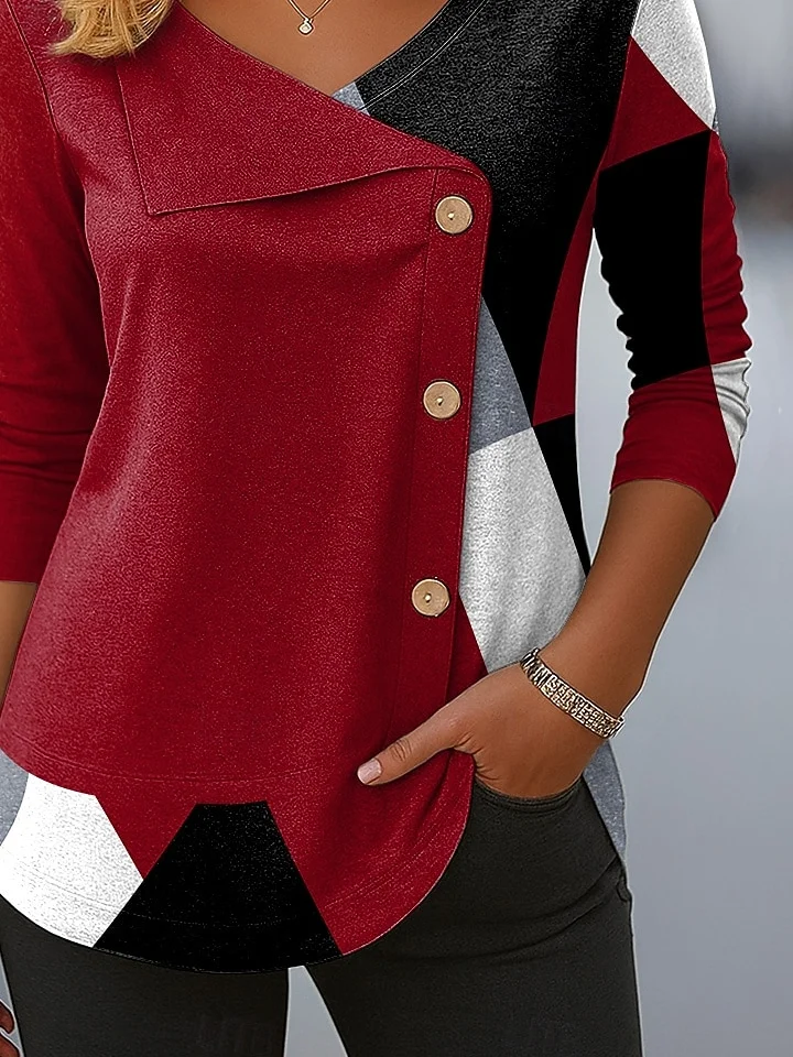 Casual Abstract V Neck Long Sleeve T-shirt