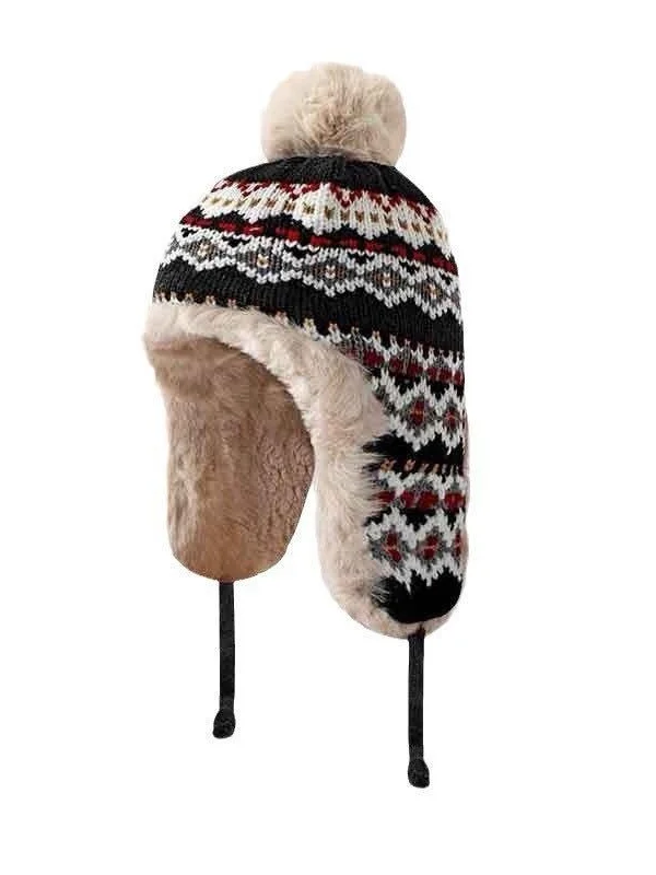 Winter Knitted Thickened Fleece-lined Neck Protector Warm Jacquard Pattern Versatile Casual Ear-covering Hat