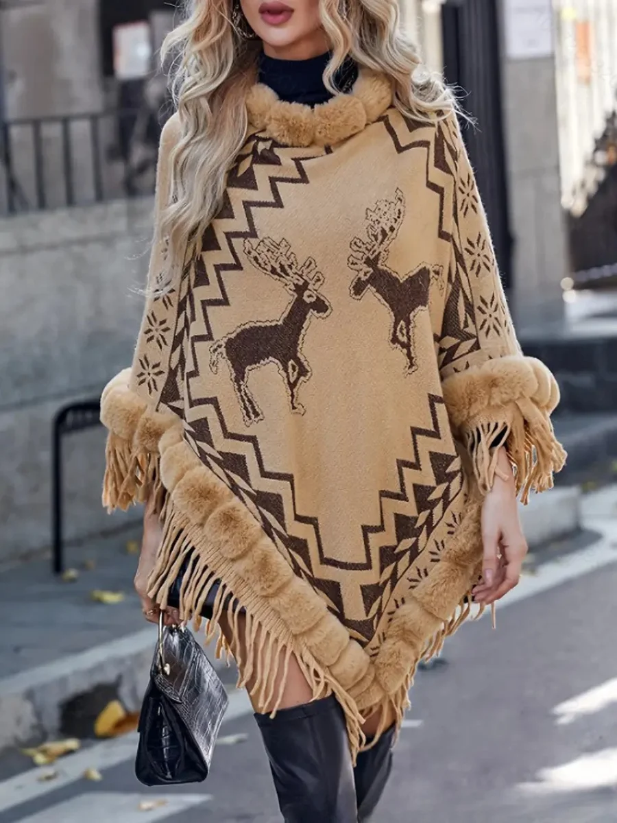 Boho Tassel Sleeves Acrylic Christmas Elk Cloak