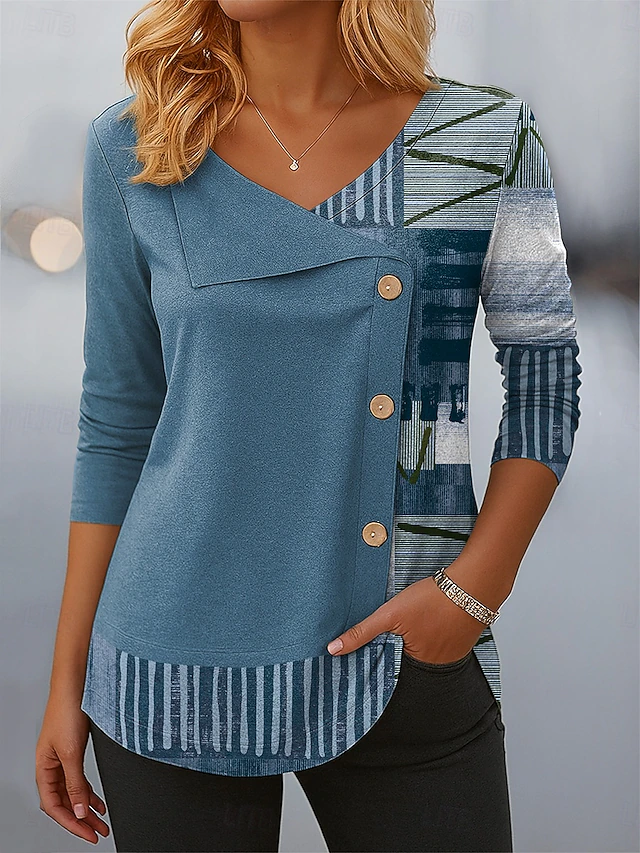 Casual Abstract V Neck Long Sleeve T-shirt