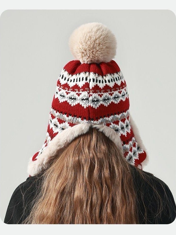 Winter Knitted Thickened Fleece-lined Neck Protector Warm Jacquard Pattern Versatile Casual Ear-covering Hat