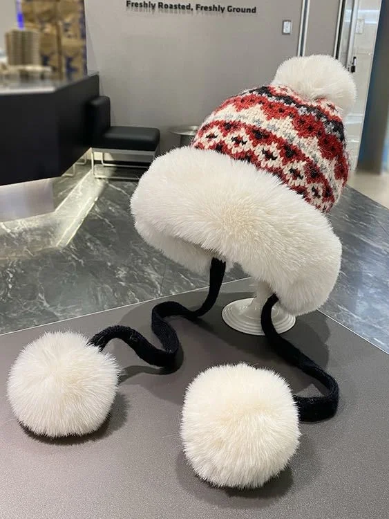 Winter Knitted Thickened Fleece-lined Neck Protector Warm Jacquard Pattern Versatile Casual Ear-covering Hat