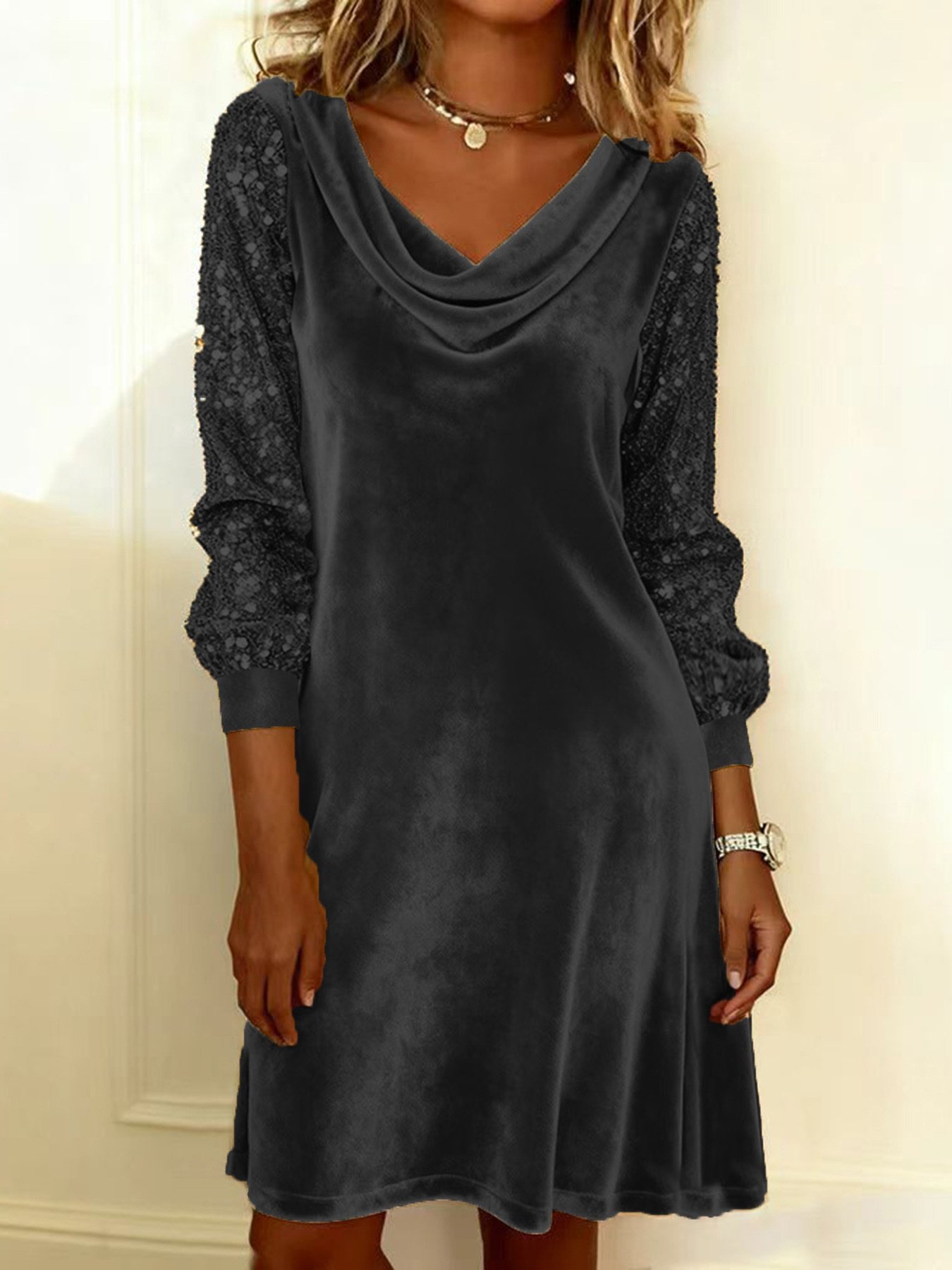 Women Plain Spring/Fall Split Joint Dress Cowl Neck Long Sleeve Sequin A-Line Dress