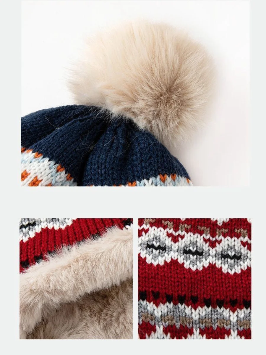 Winter Knitted Thickened Fleece-lined Neck Protector Warm Jacquard Pattern Versatile Casual Ear-covering Hat