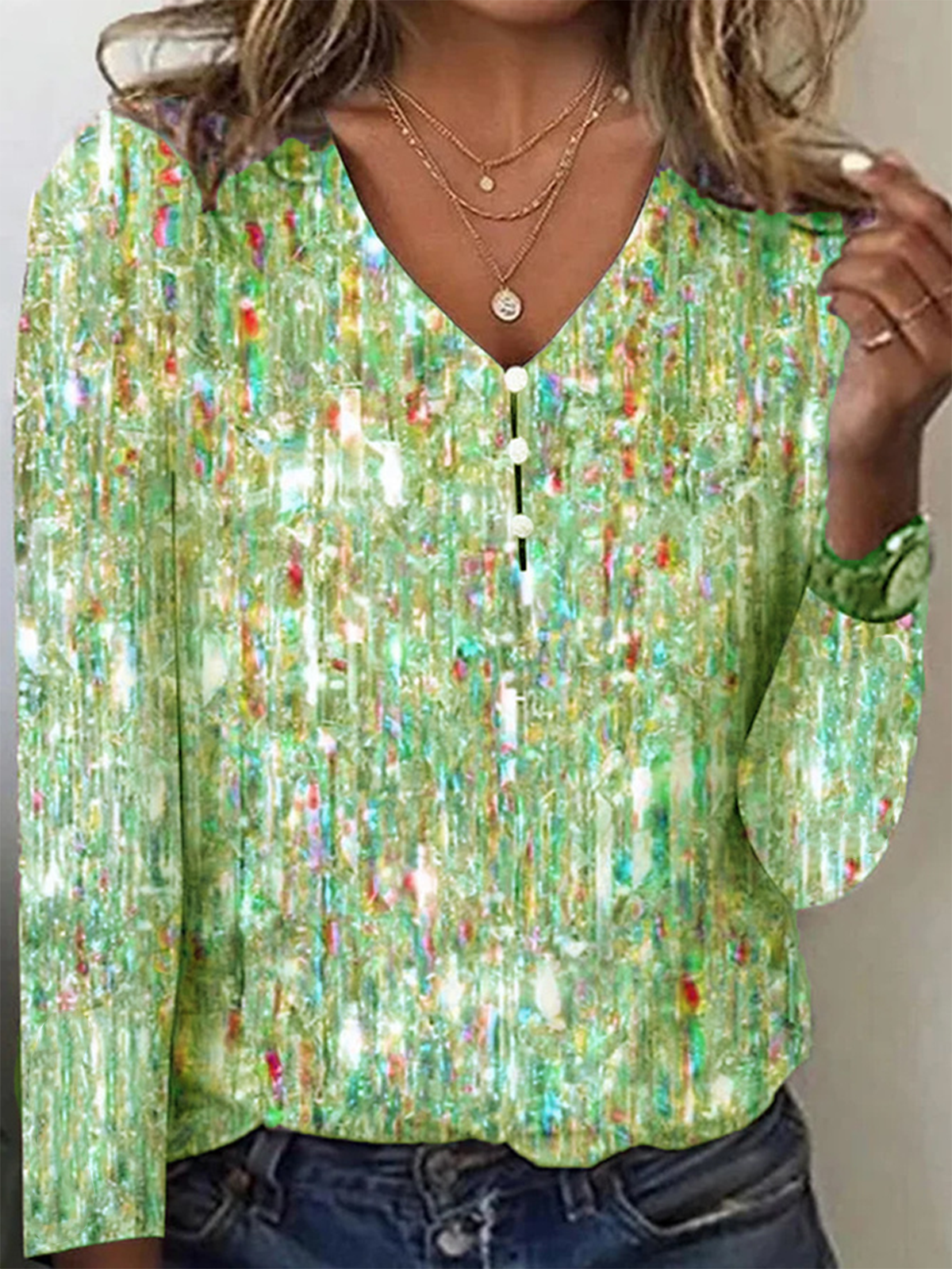 Vintage Geometric V Neck Long Sleeve T-shirt