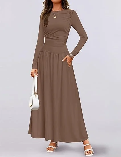 Women Plain Spring/Fall Dress Crew Neck Long Sleeve A-Line Dress