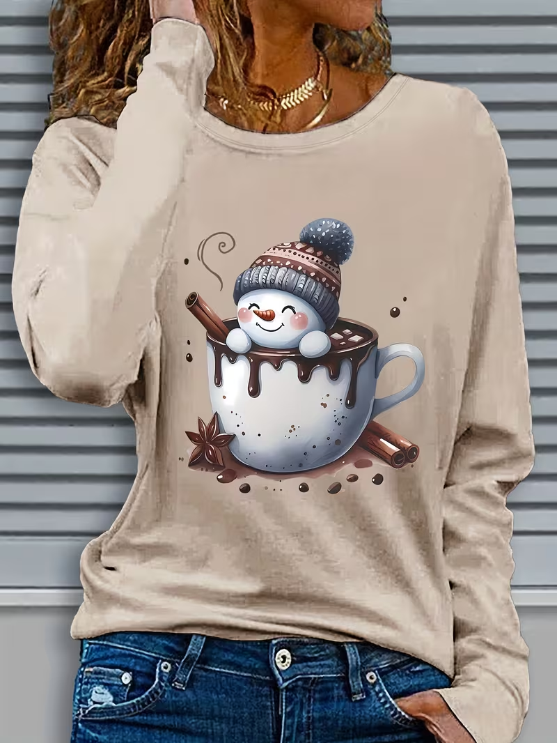 Casual Christmas Snowman Crew Neck Long Sleeve T-shirt