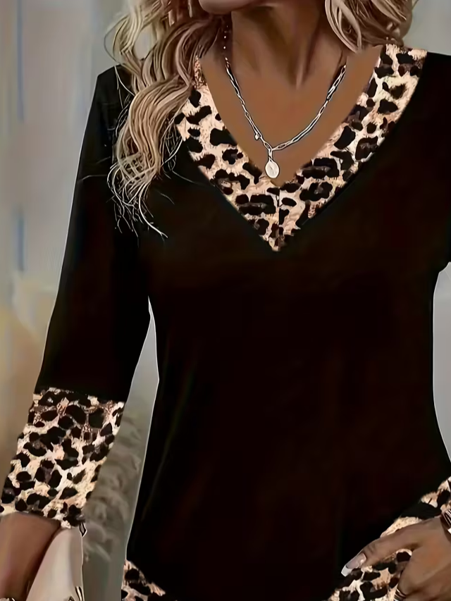 Casual Leopard V Neck Long Sleeve T-shirt