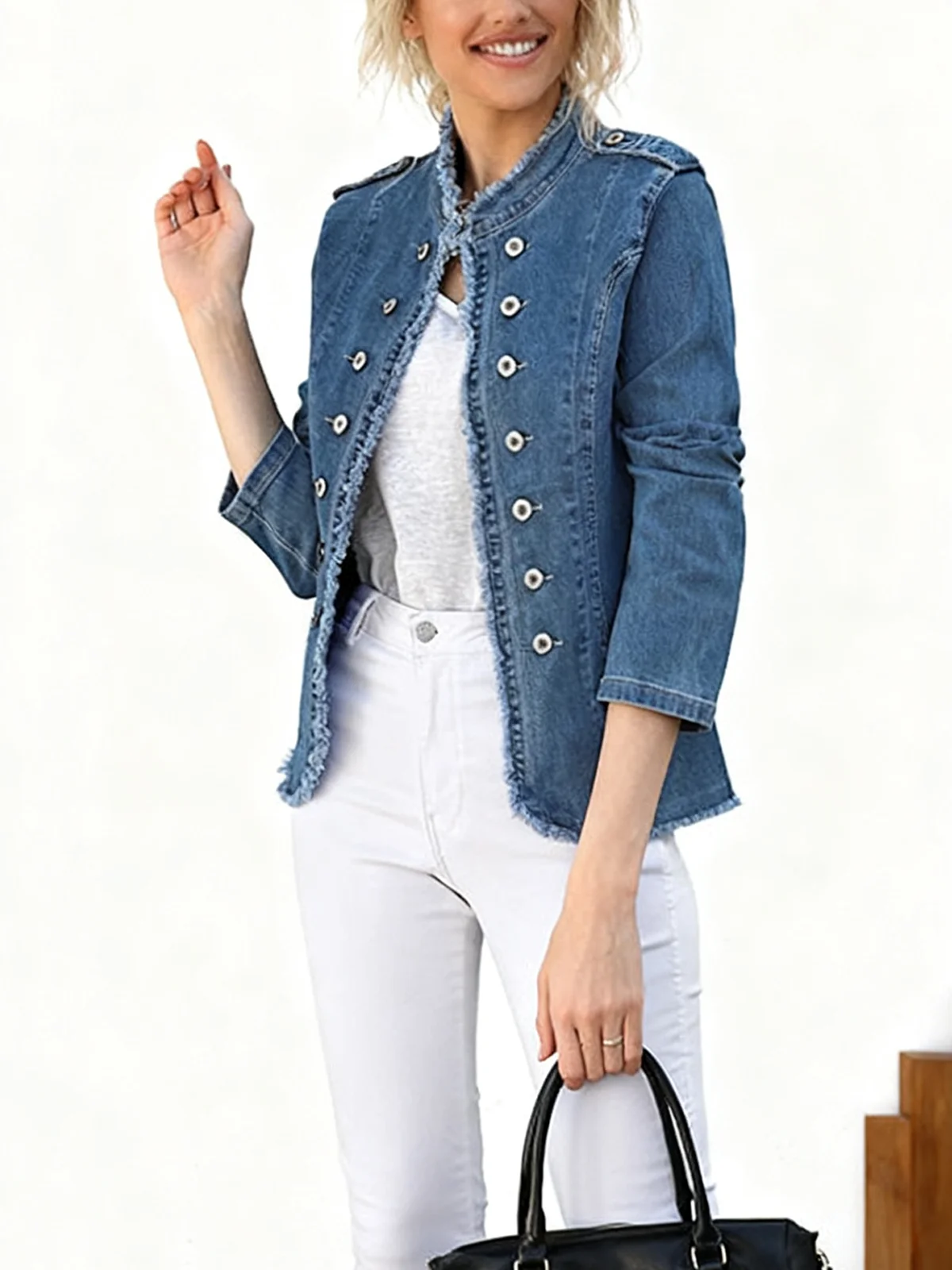 Women Spring/Fall Outerwear Vintage Plain Long Sleeve Mock Neck Jacket