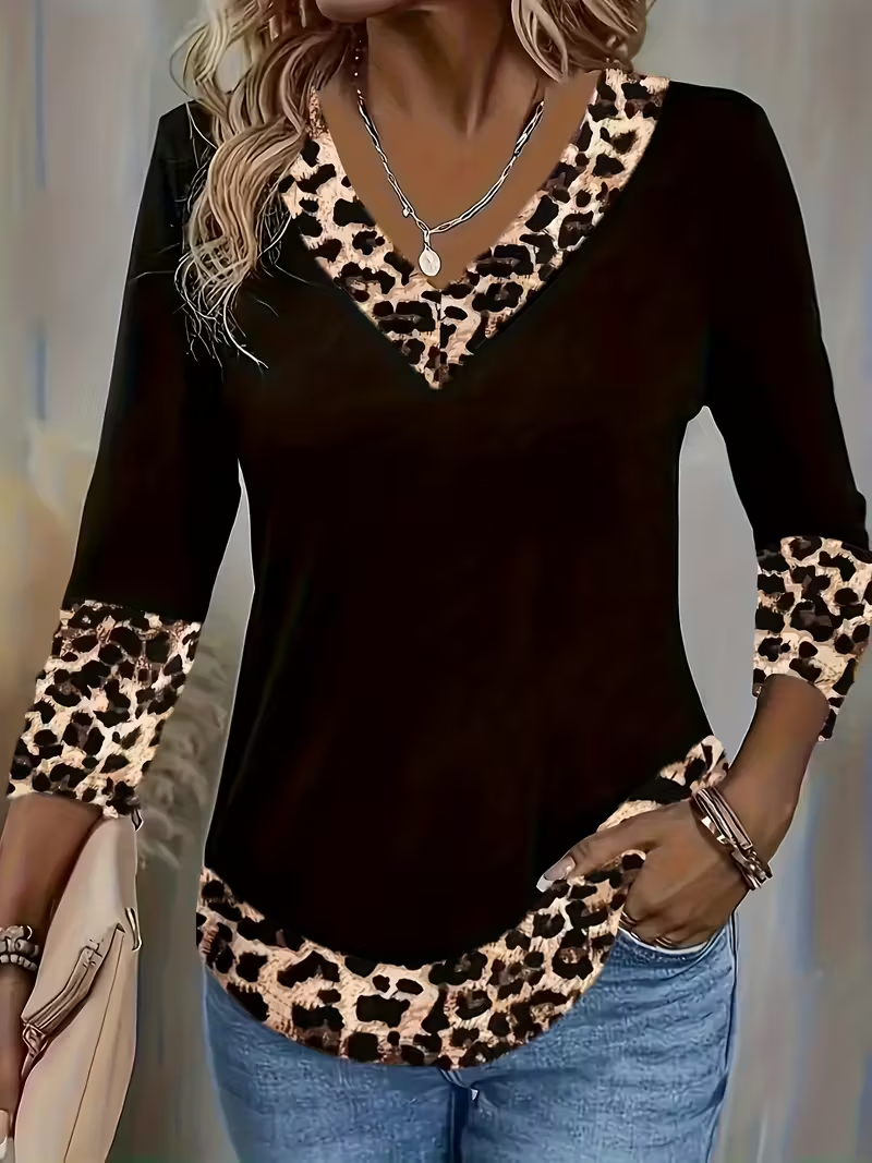 Casual Leopard V Neck Long Sleeve T-shirt