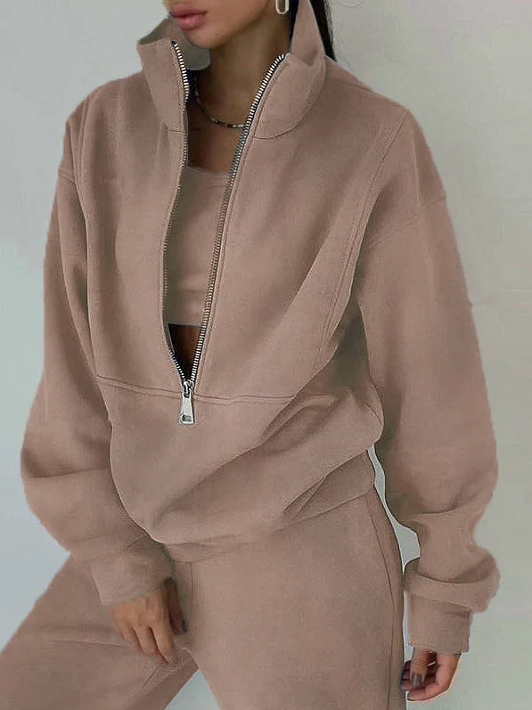 Women Plain Two-Piece Set Daily Long Sleeve Casual Spring/Fall Top With Pants Matching Set