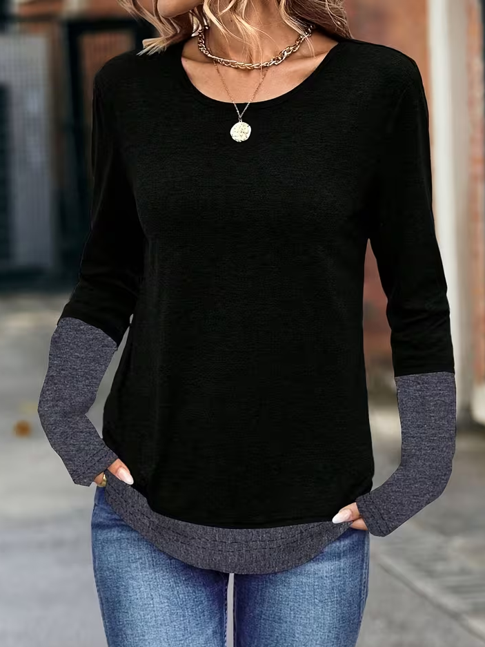 Casual Contrast Stitching Crew Neck Long Sleeve T-shirt
