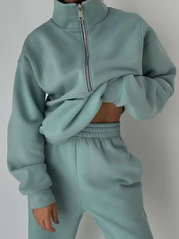 Women Plain Two-Piece Set Daily Long Sleeve Casual Spring/Fall Top With Pants Matching Set