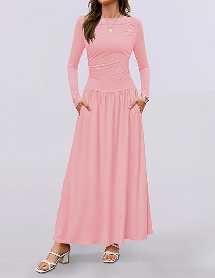 Women Plain Spring/Fall Dress Crew Neck Long Sleeve A-Line Dress