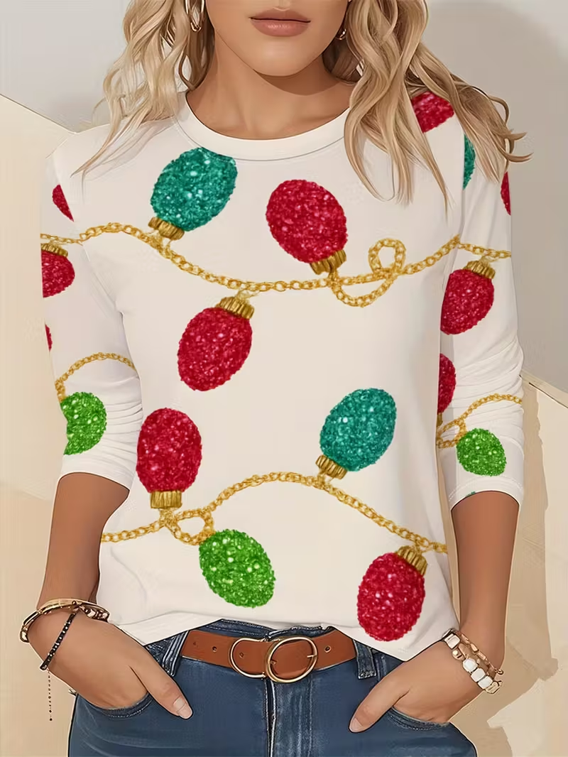 Casual Christmas Crew Neck Long Sleeve T-shirt