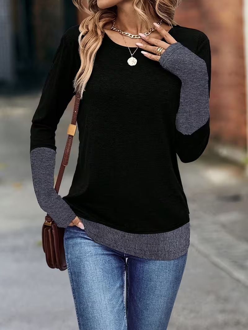 Casual Contrast Stitching Crew Neck Long Sleeve T-shirt