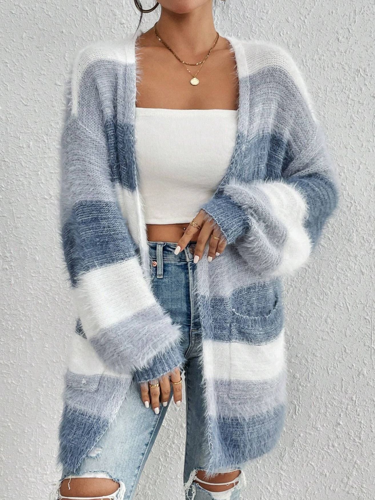 Women Nylon Striped Long Sleeve Comfy Casual Cardigan